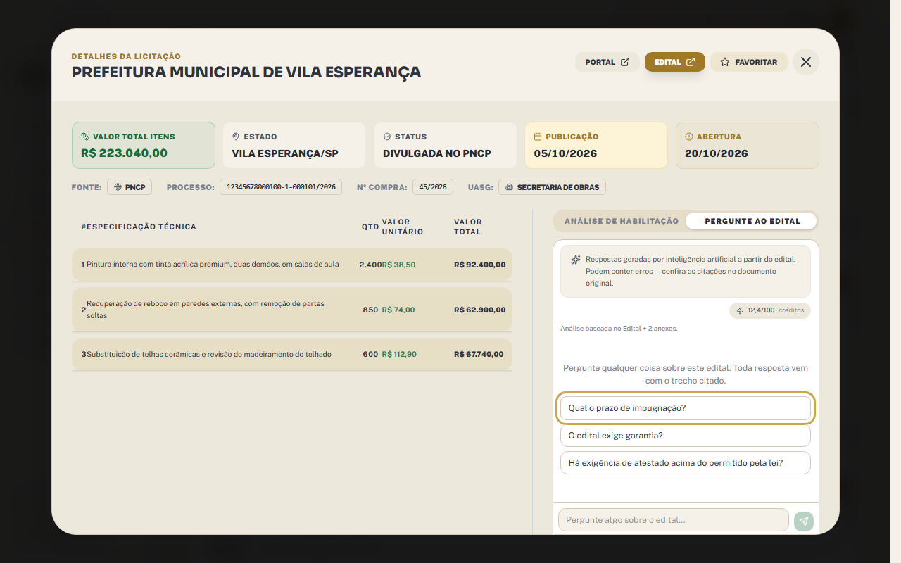 Aba Pergunte ao Edital com a mensagem de boas-vindas e as três sugestões prontas, a primeira destacada.