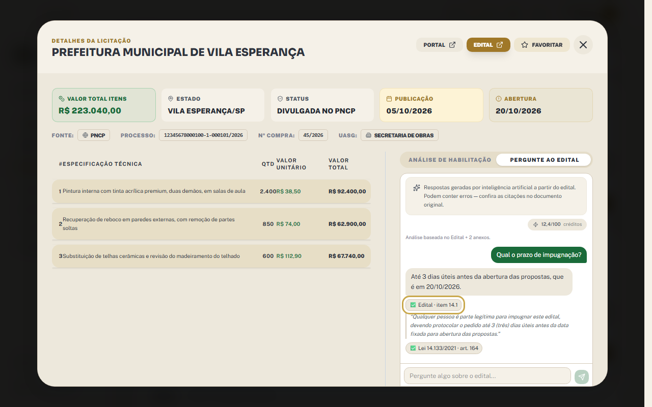 Pergunte ao Edital com uma pergunta e a resposta da IA; o botão Edital · item 14.1 está destacado e o trecho citado aparece aberto abaixo dele.