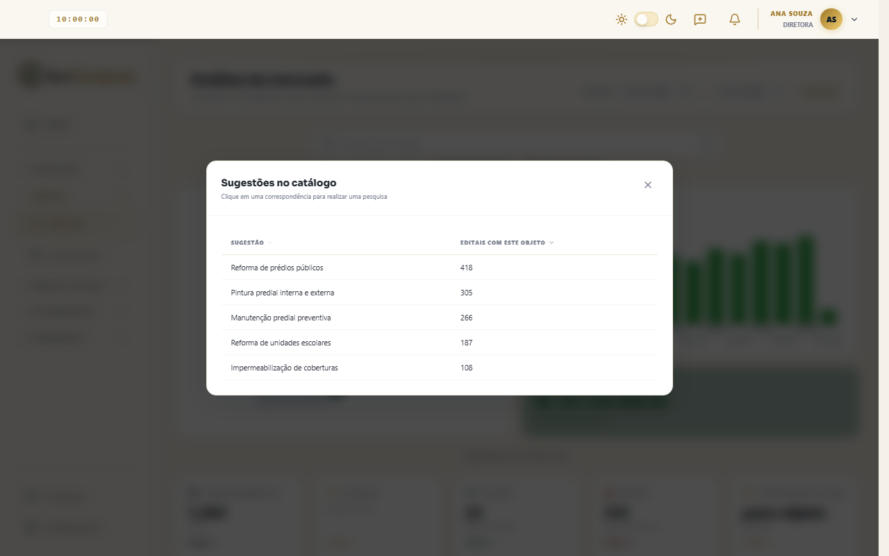 Janela Sugestões no catálogo, com a lista de sugestões e o número de editais com cada objeto.
