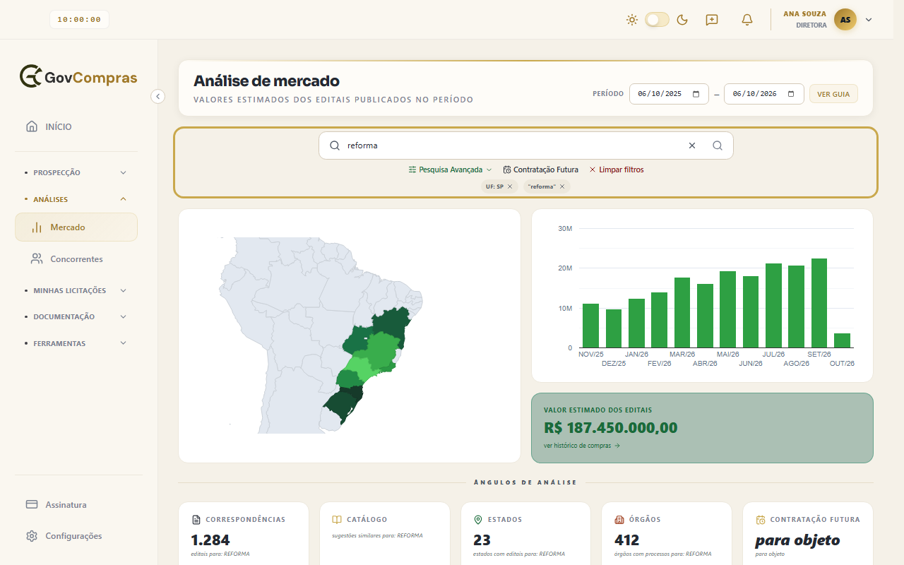 Barra de pesquisa destacada, com o termo “reforma”, a UF SP aplicada e as etiquetas dos filtros ativos.