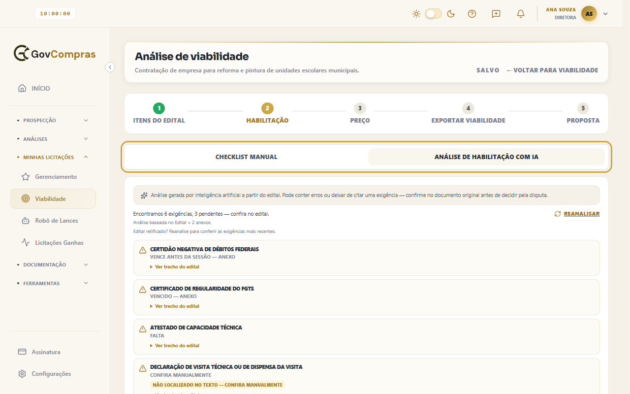 Passo Habilitação com os botões Checklist manual e Análise de Habilitação com IA destacados e o resultado da análise do edital.