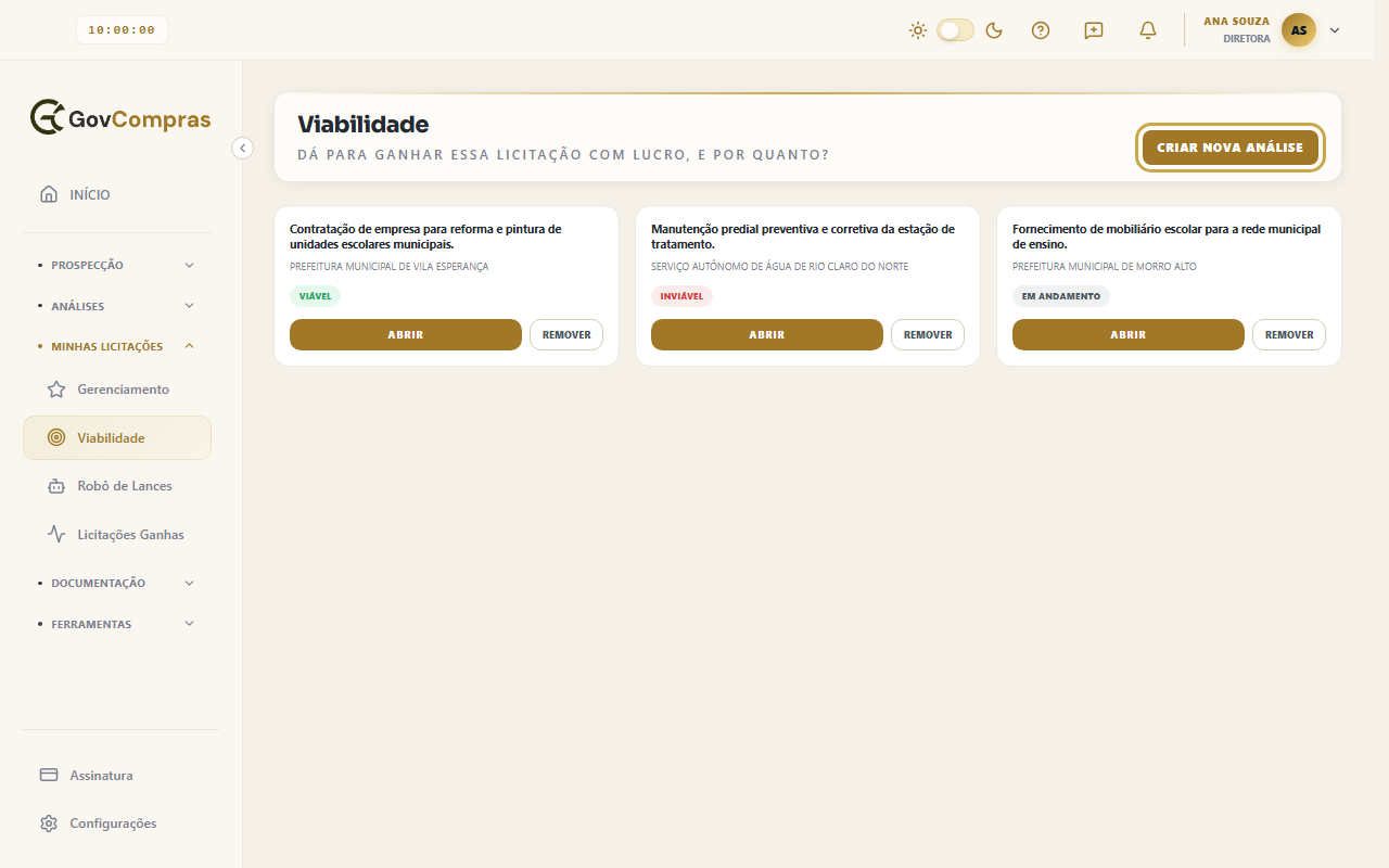 Tela Viabilidade com o botão Criar nova análise destacado e três análises salvas (Viável, Inviável e Em andamento).