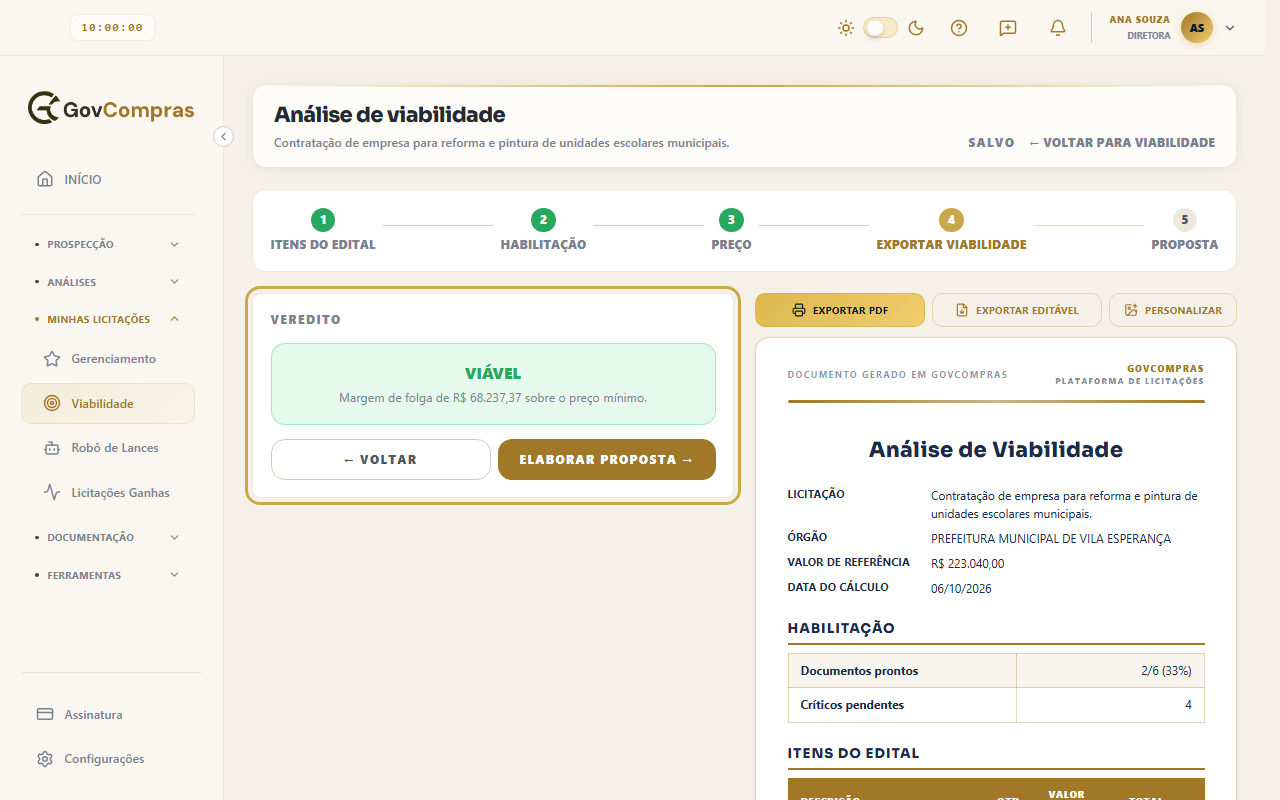 Passo Exportar Viabilidade com o Veredito VIÁVEL destacado e a prévia do documento ao lado.