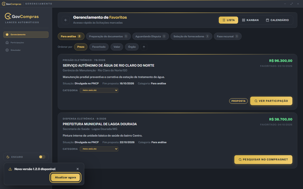 Aviso de nova versão do GovBot, com o botão Atualizar agora.