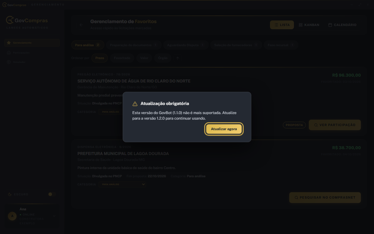 Aviso de atualização obrigatória, que bloqueia o GovBot até a atualização.