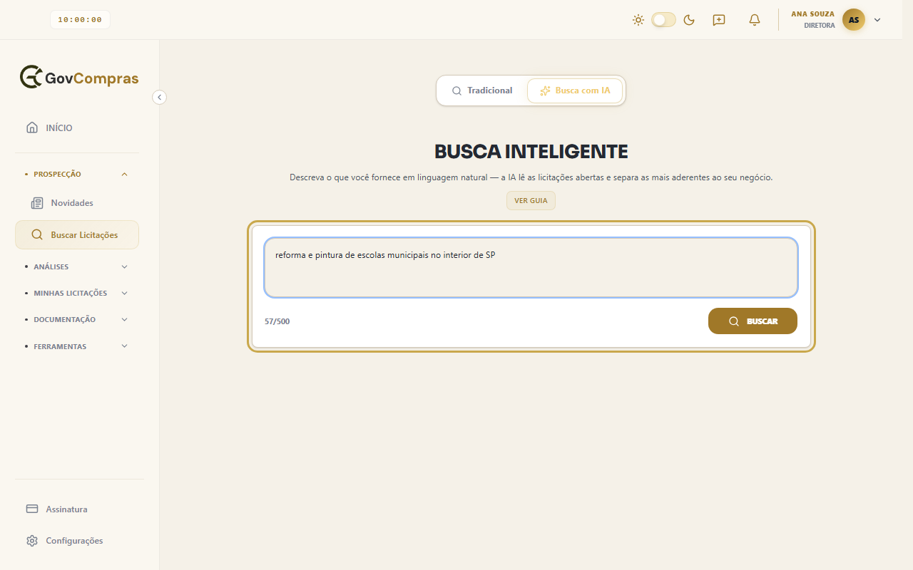 Tela Busca Inteligente com o campo de descrição destacado, preenchido com “reforma e pintura de escolas municipais no interior de SP”, o contador 57/500 e o botão Buscar.
