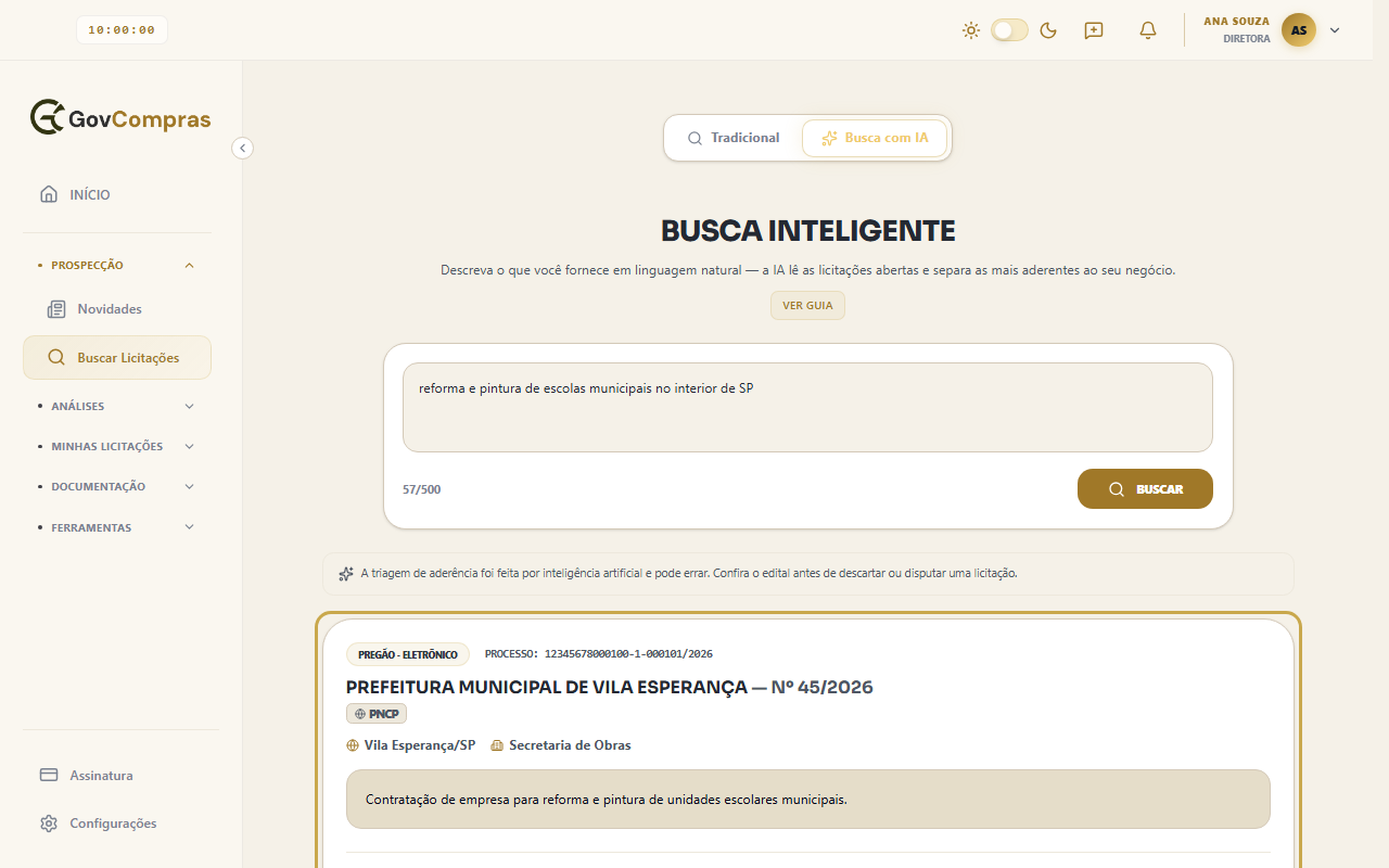 Resultados da Busca com IA, com o aviso de que a triagem foi feita por inteligência artificial e o primeiro card destacado.