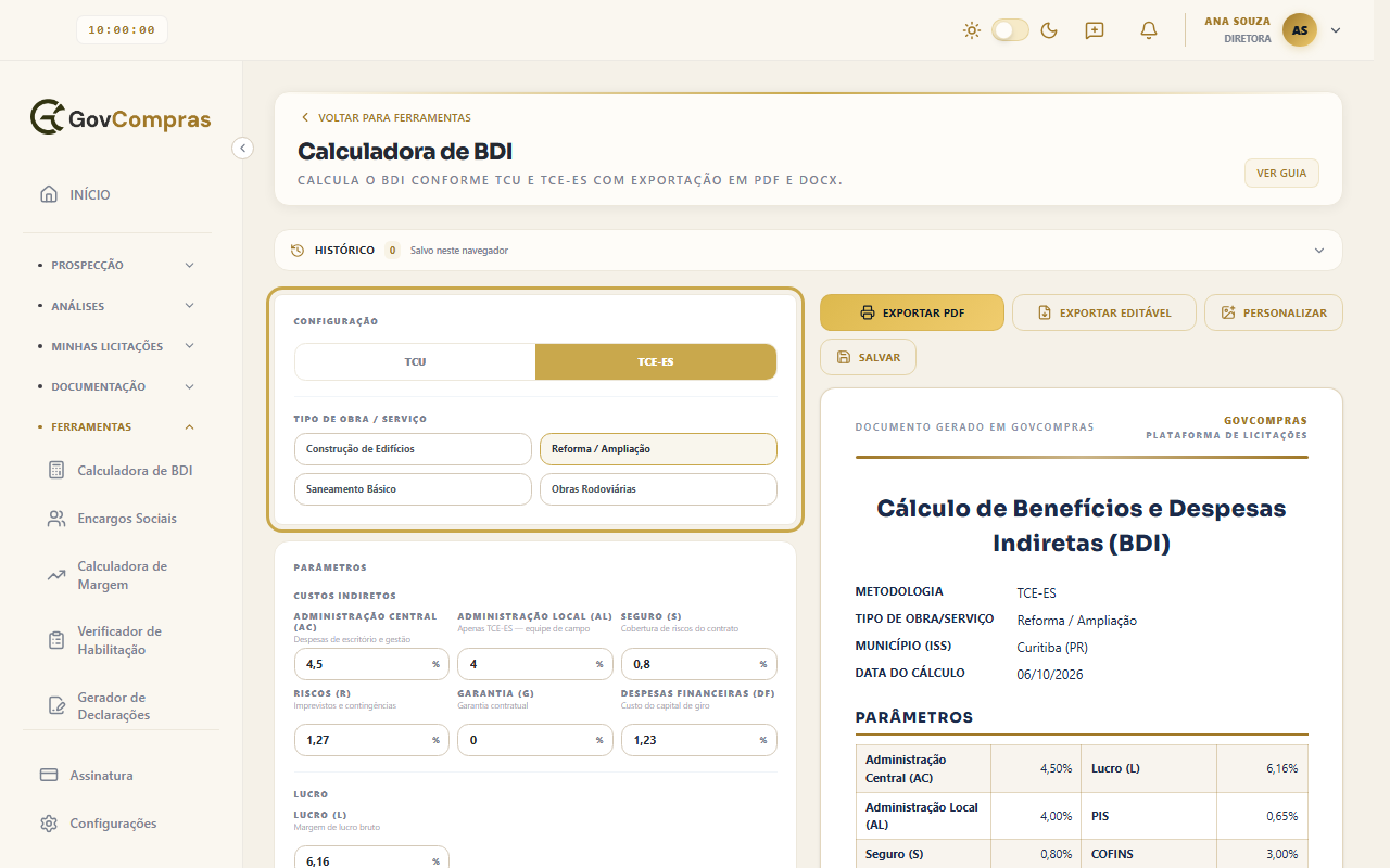 Calculadora de BDI com a metodologia TCE-ES e o tipo Reforma / Ampliação escolhidos, no cartão Configuração destacado.
