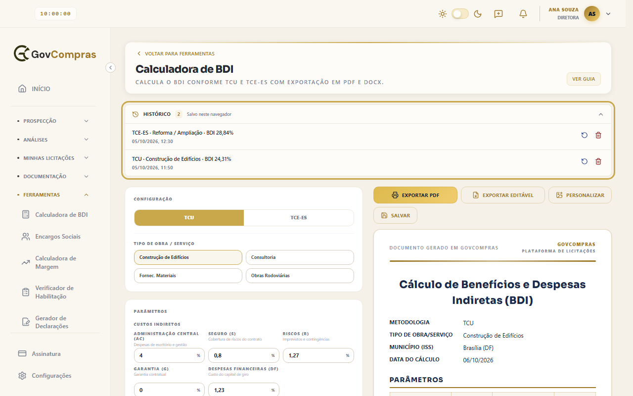Barra Histórico aberta, destacada, com dois cálculos salvos e os botões de restaurar e excluir.