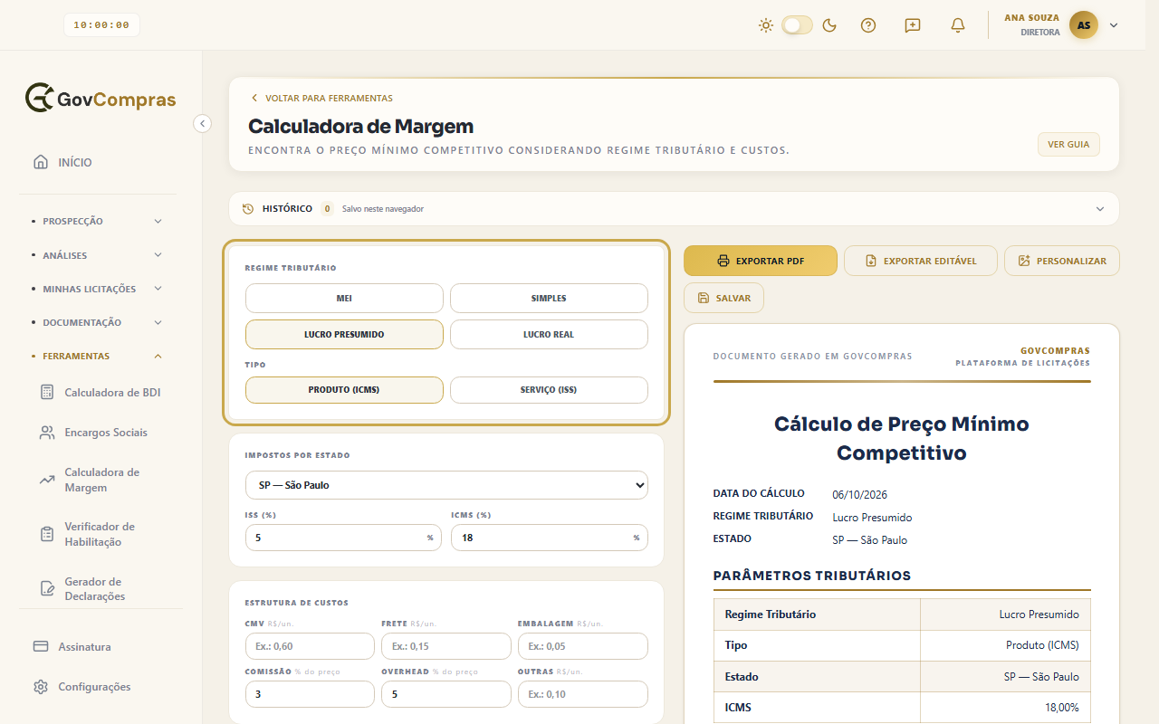 Calculadora de Margem com Lucro Presumido, tipo Produto (ICMS) e estado SP, no cartão Regime Tributário destacado.