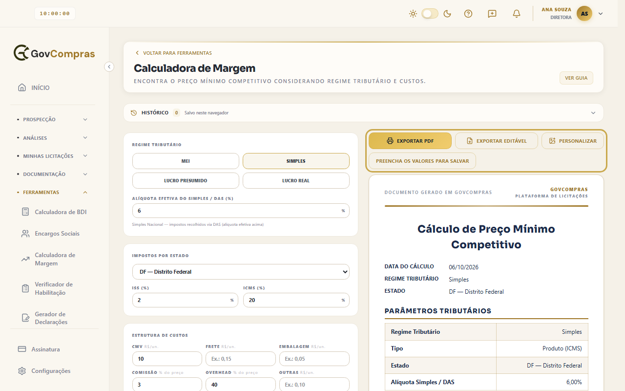 Botões acima do documento, destacados, com o botão Salvar mostrando Preencha os valores para salvar.