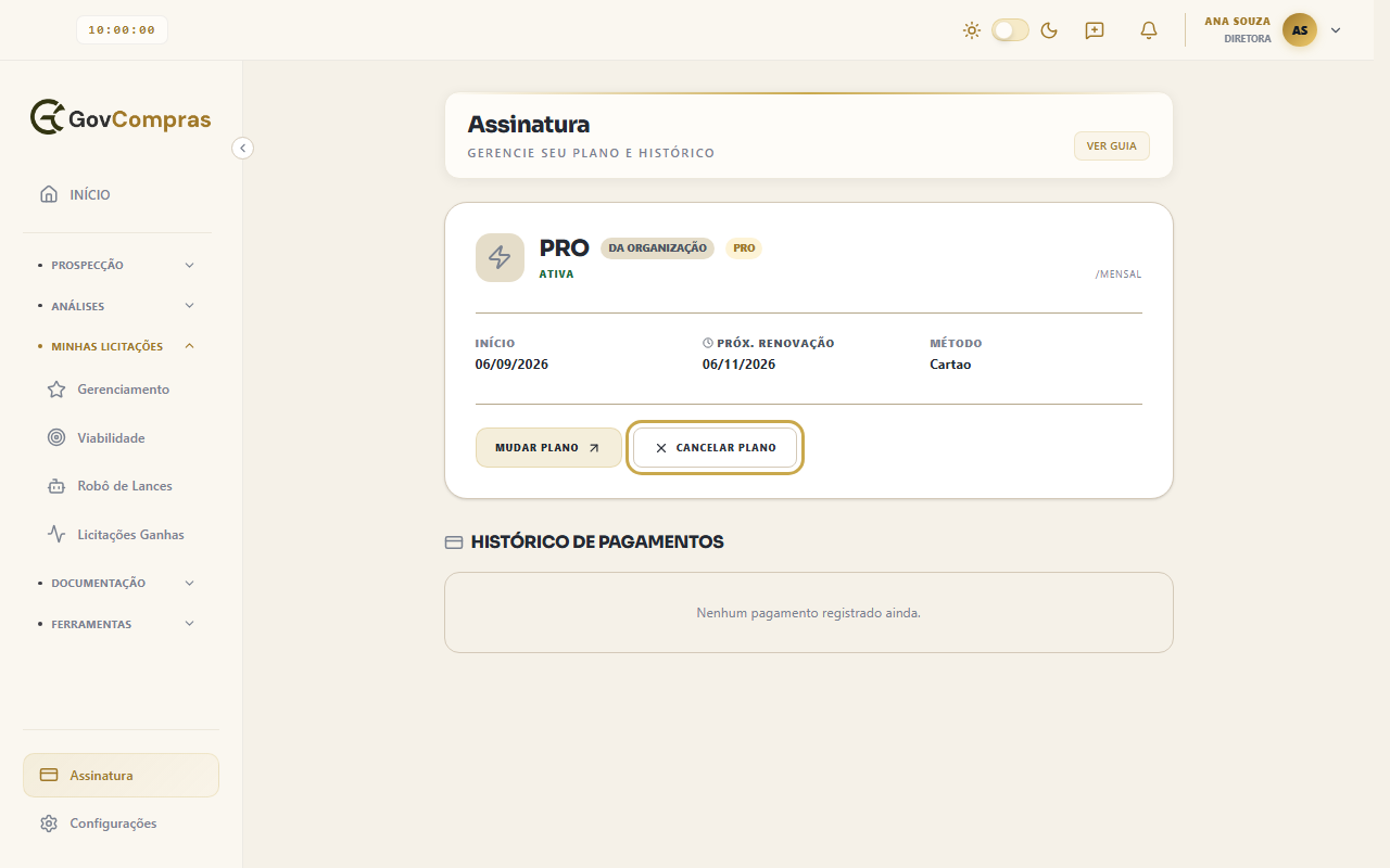 Tela de Assinatura com o botão Cancelar plano destacado. Os valores em reais ficam cobertos nesta imagem.