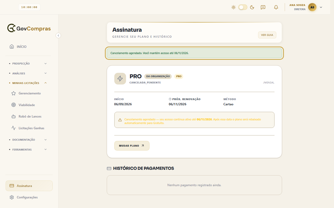 Assinatura depois de confirmar o cancelamento: mensagem verde com a data e aviso de que o plano volta a Gratuito.