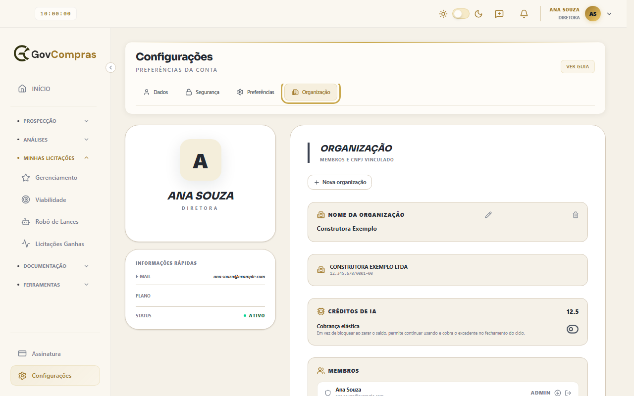 Página Configurações com a aba Organização destacada. O título da aba é “Organização — Membros e CNPJ vinculado”.