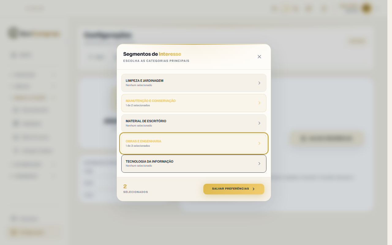 Janela Segmentos de Interesse com a lista de categorias. Cada linha mostra quantos itens estão selecionados, e a categoria Obras e Engenharia está destacada. No rodapé aparecem o contador Selecionados e o botão Salvar Preferências.