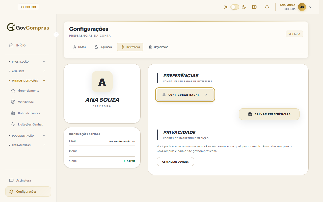 Página Configurações com a aba Preferências aberta e o botão Configurar Radar destacado. Mais abaixo ficam outro botão Salvar Preferências, que não grava o que você marca na janela, e o bloco Privacidade.