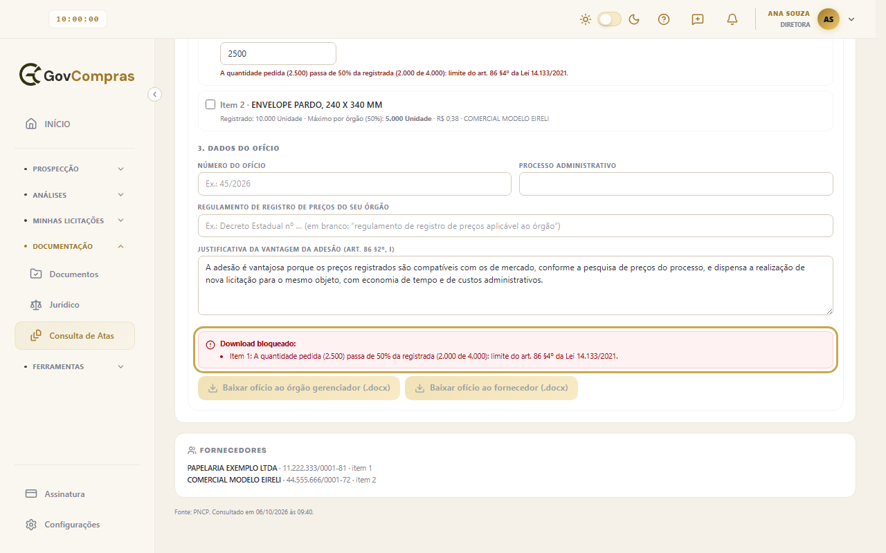 Aviso Download bloqueado destacado: a quantidade pedida de 2.500 resmas passa de 50% da registrada (2.000 de 4.000), com os botões de download desativados.