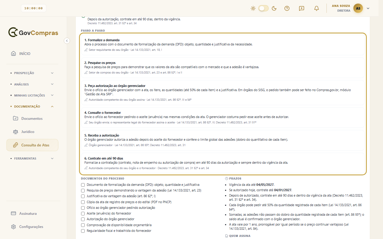Passo a passo da adesão destacado, de Formalize a demanda até Contrate em até 90 dias, com a lista de documentos do processo e os prazos abaixo.