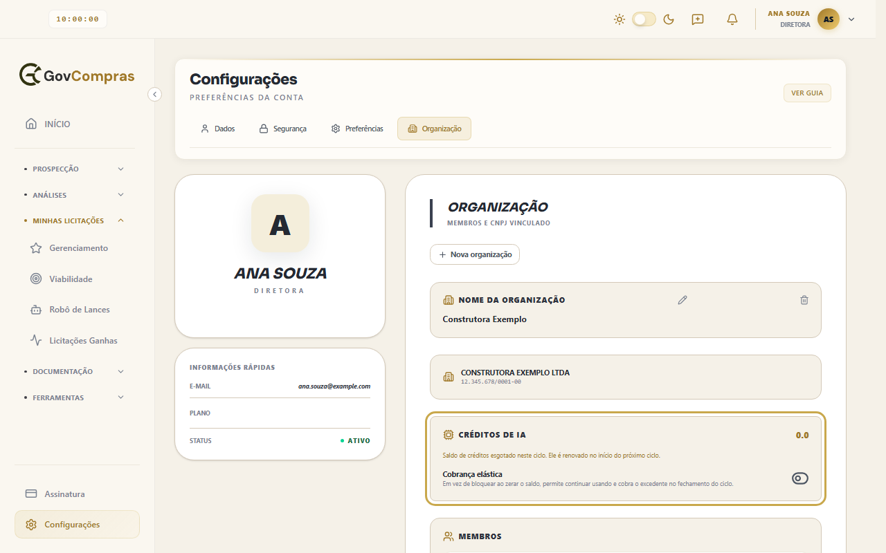 Aba Organização em Configurações com o card Créditos de IA destacado, com saldo zerado e o aviso de que ele é renovado no próximo ciclo.