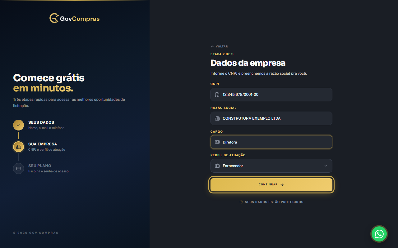Etapa 2 de 3, “Dados da empresa”, com o CNPJ digitado e a razão social preenchida pela consulta. O botão Continuar está destacado.