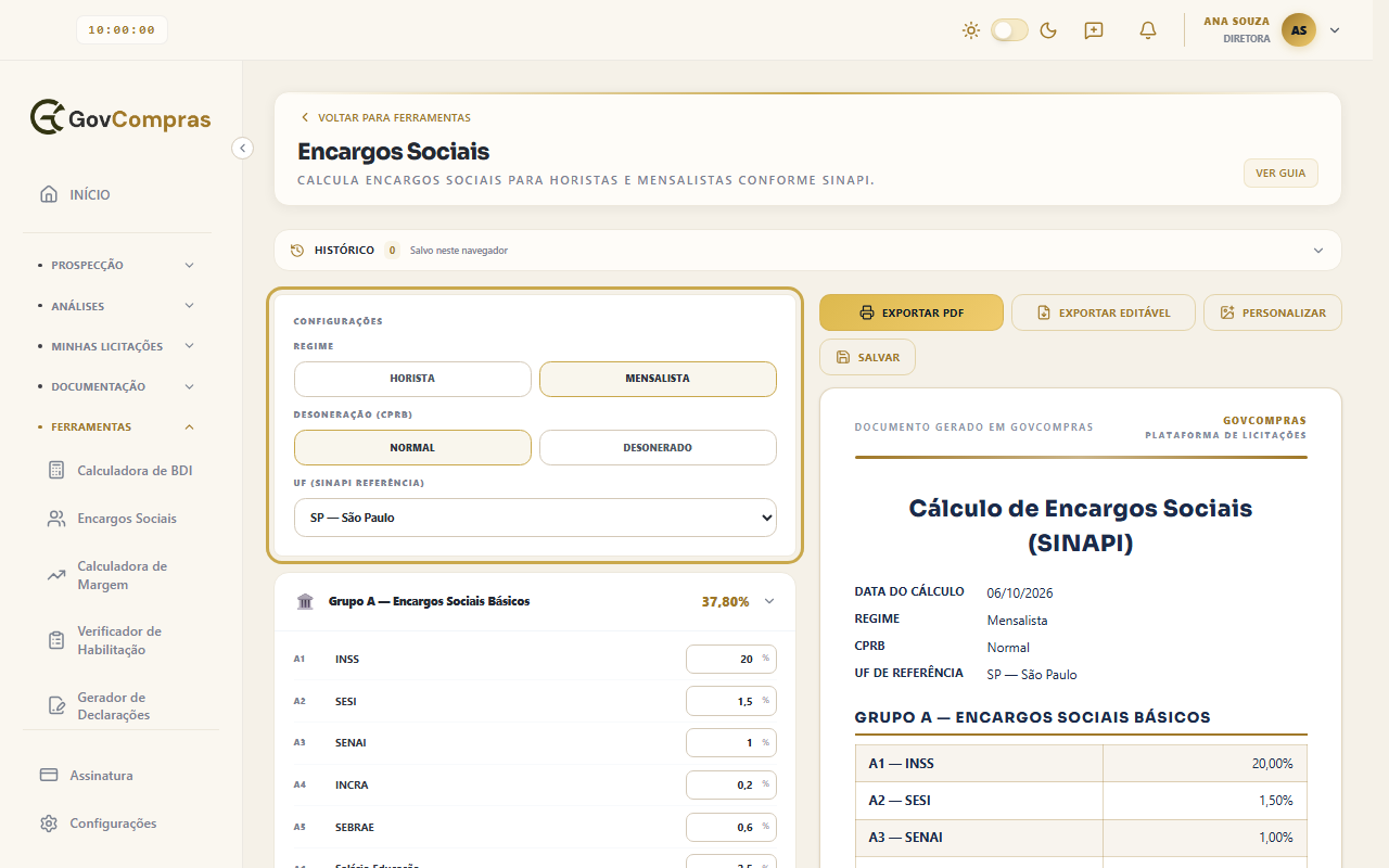 Cartão Configurações destacado, com o regime Mensalista e a UF SP escolhidos.