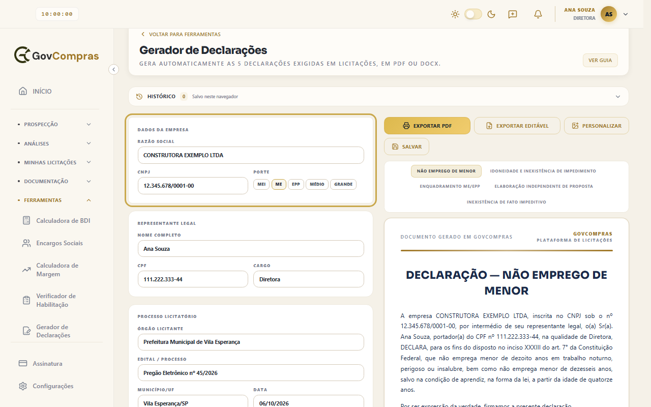 Gerador de Declarações com o cartão Dados da Empresa destacado e a prévia da declaração Não Emprego de Menor já preenchida.