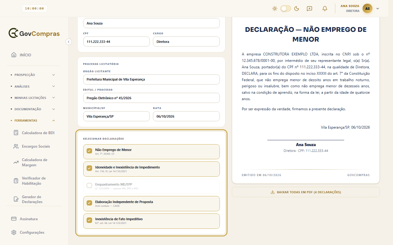 Cartão Selecionar Declarações, destacado, com o porte Médio escolhido: Enquadramento ME/EPP esmaecida e o botão Baixar todas em PDF mostrando 4 declarações.