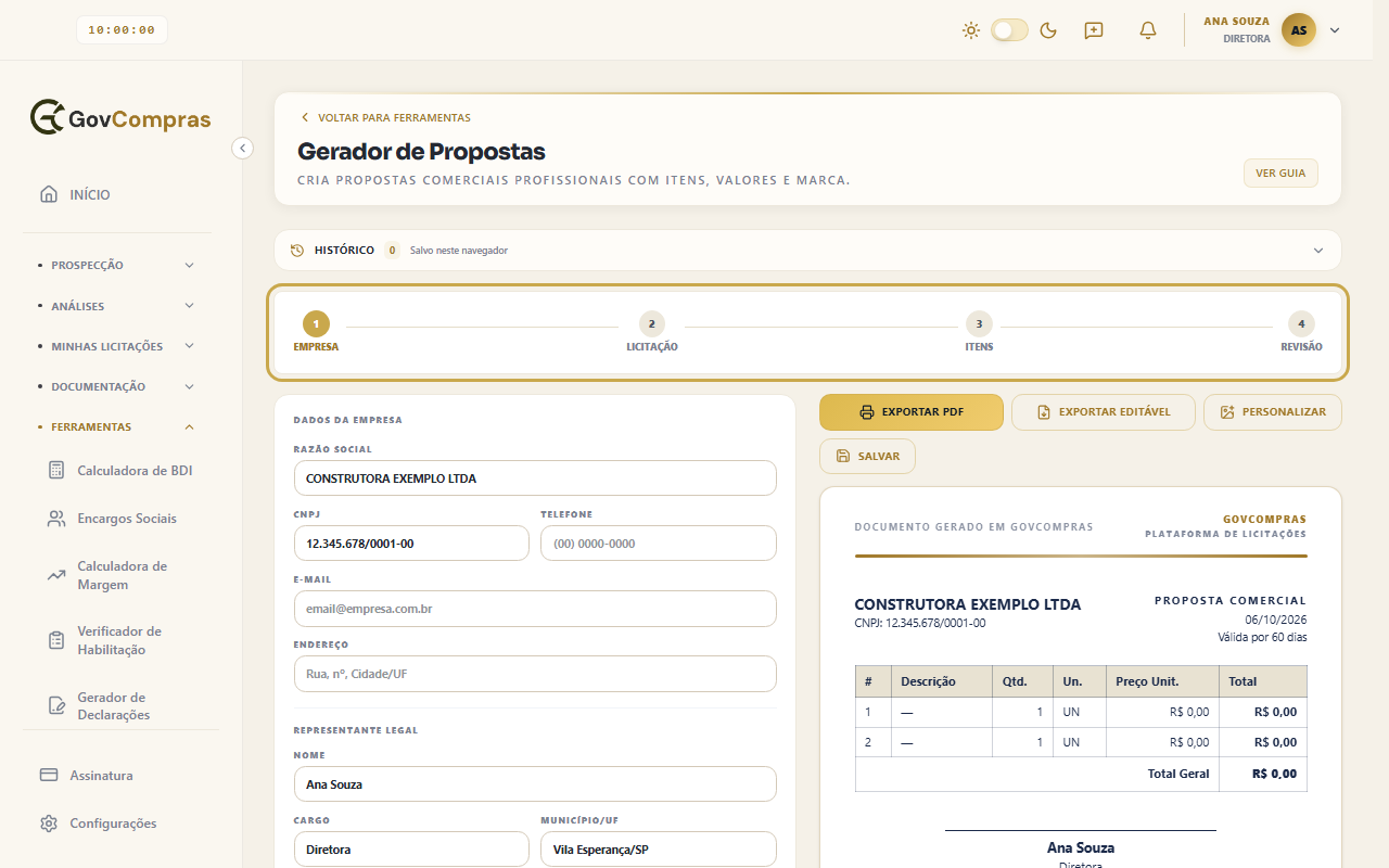 Gerador de Propostas no primeiro passo, com a faixa dos quatro passos destacada e a prévia da proposta ao lado.