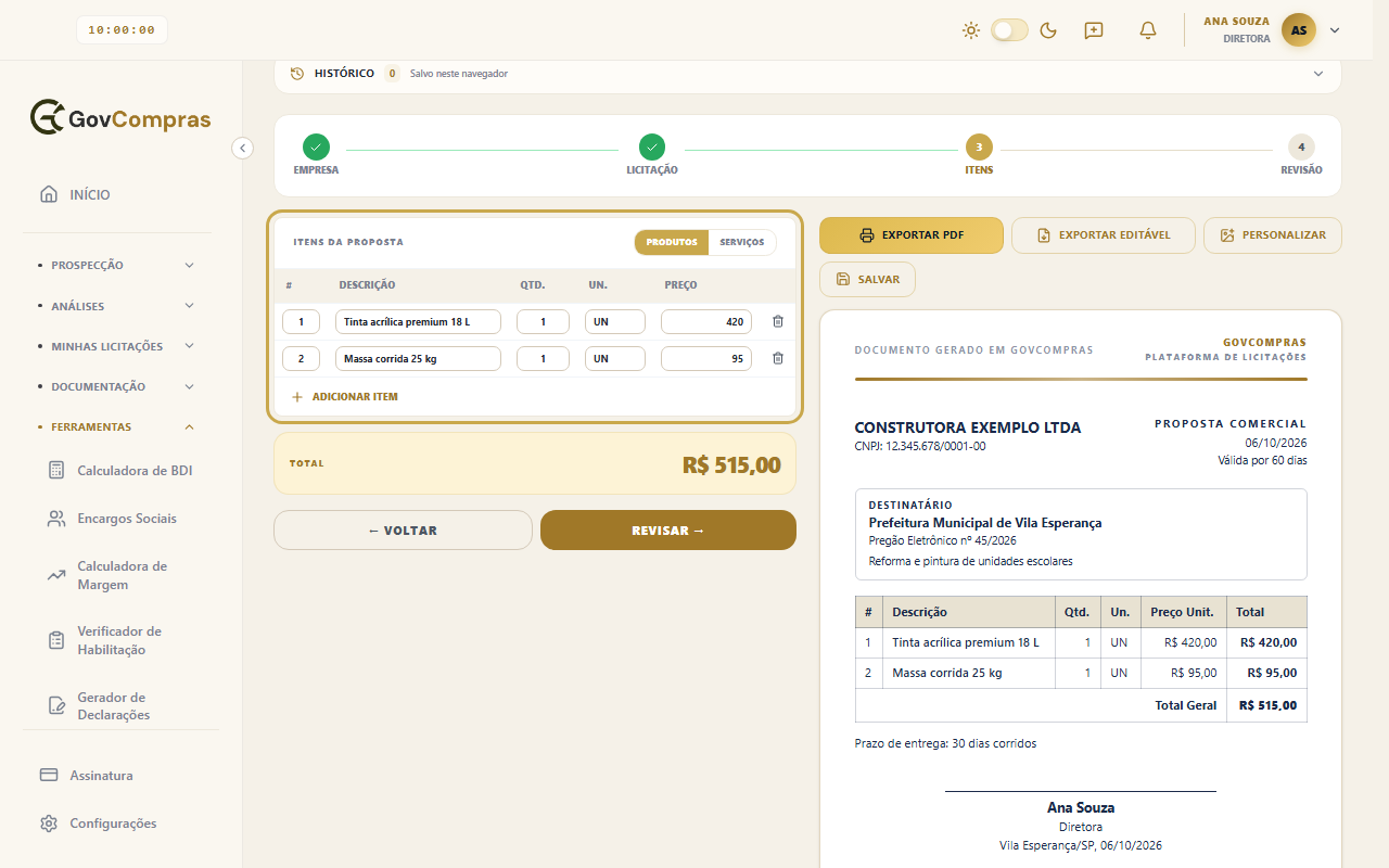 Terceiro passo, com o cartão Itens da Proposta destacado e dois produtos preenchidos; a prévia mostra a tabela e o Total Geral.