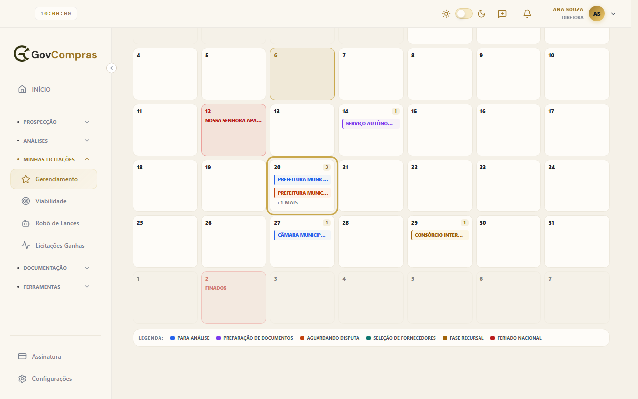 Calendário de outubro com o dia 20 destacado: duas licitações visíveis e o aviso “+1 mais”.