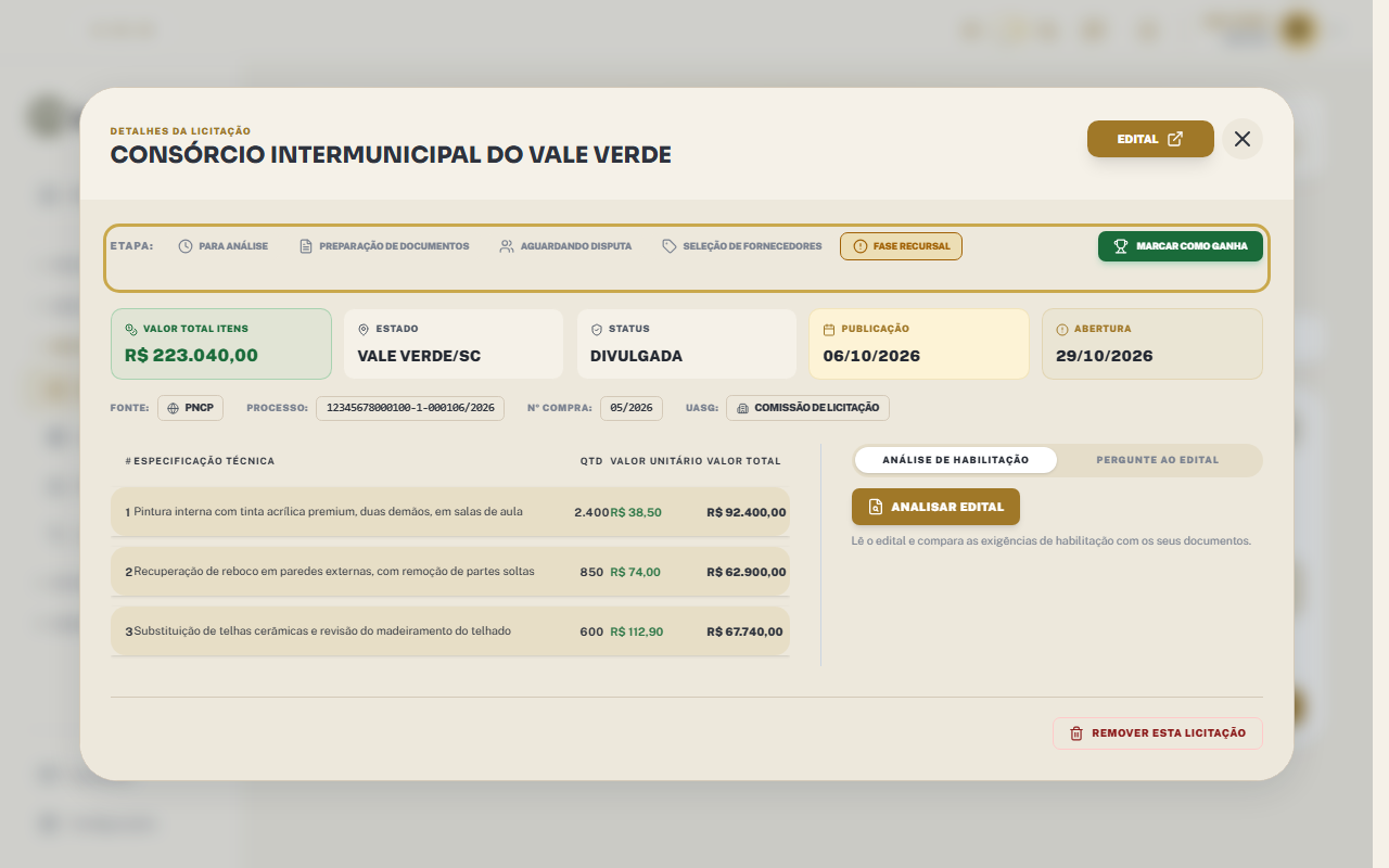 Janela Detalhes da Licitação de uma licitação em Fase recursal, com a linha Etapa: e o botão Marcar como Ganha destacados.