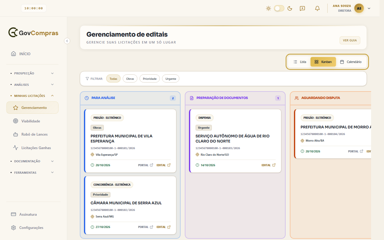 Gerenciamento em Kanban, com os botões Lista, Kanban e Calendário destacados e as colunas por etapa.