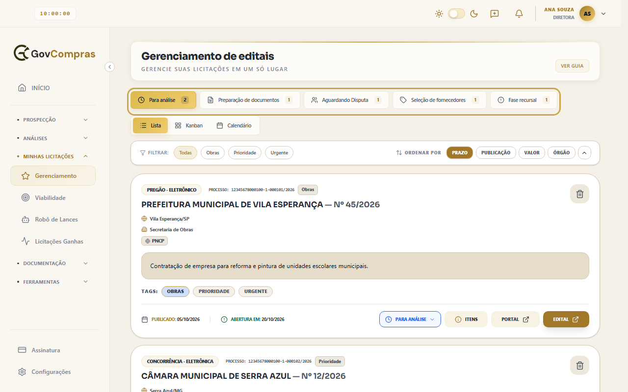 Gerenciamento em Lista, com as cinco etapas destacadas, a barra de etiquetas e de ordenação e o primeiro cartão.