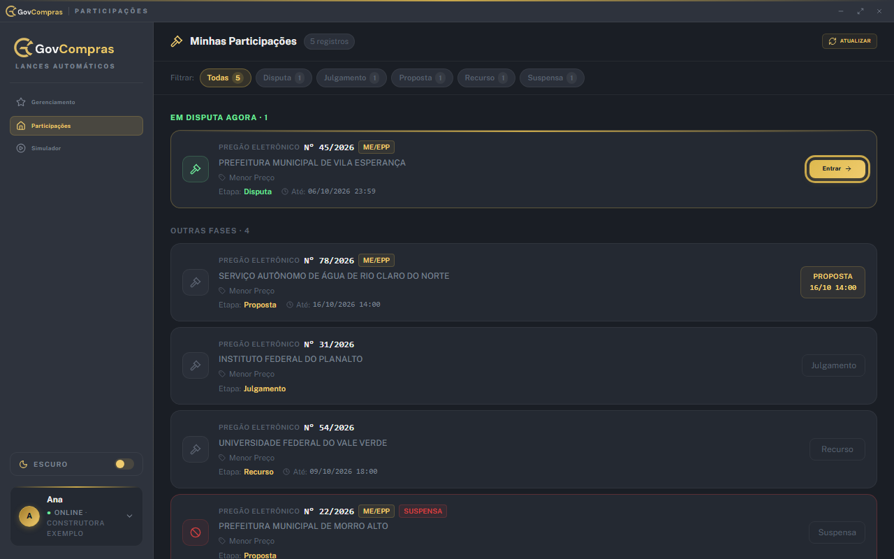 Em Participações, a licitação em disputa tem o botão Entrar.