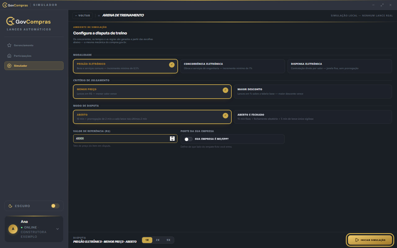 Configuração do treino: modalidade, critério de julgamento, modo de disputa, valor de referência e porte da empresa.