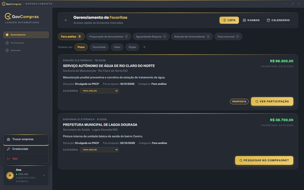 Menu do usuário no GovBot, com as opções Trocar empresa, Credenciais e Sair.
