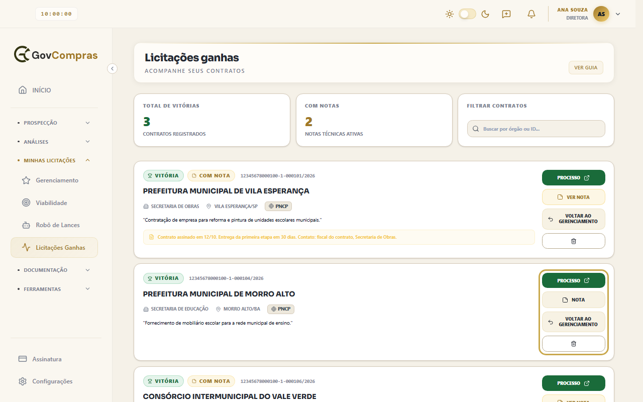 Tela Licitações Ganhas com os quadros de resumo, o campo de busca e, destacadas, as ações do segundo cartão.