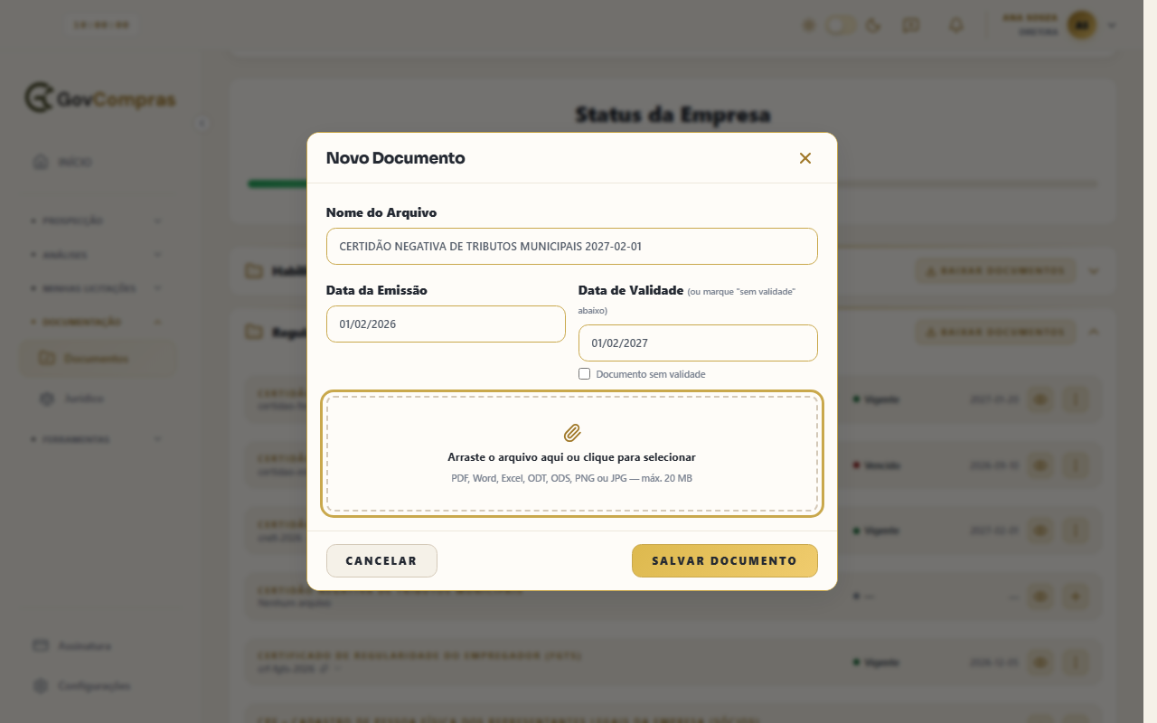 Janela Novo Documento com nome, Data da Emissão, Data de Validade e a opção Documento sem validade preenchidos; a área de envio do arquivo está destacada.
