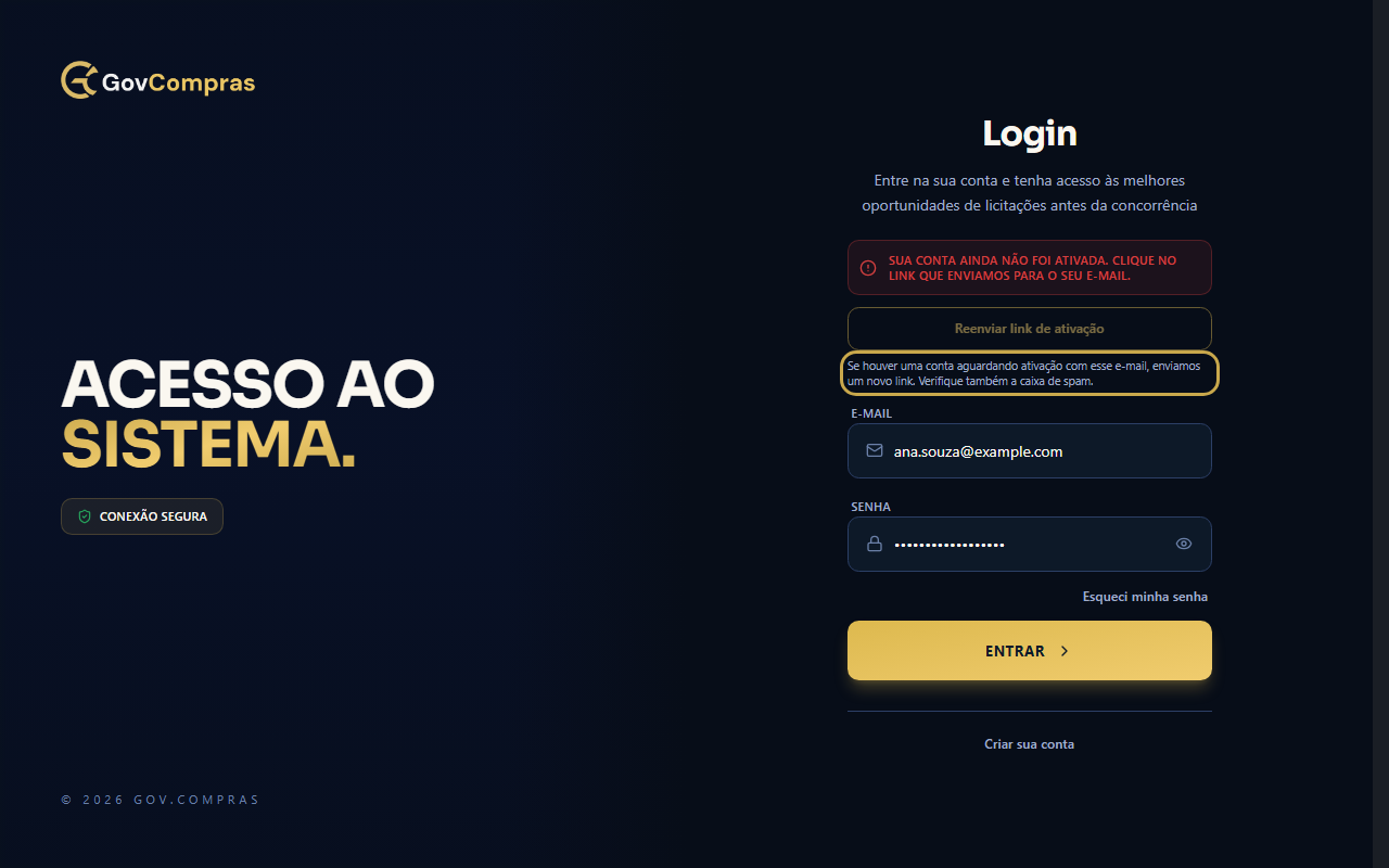 Confirmação na tela de login depois de clicar em Reenviar link de ativação.