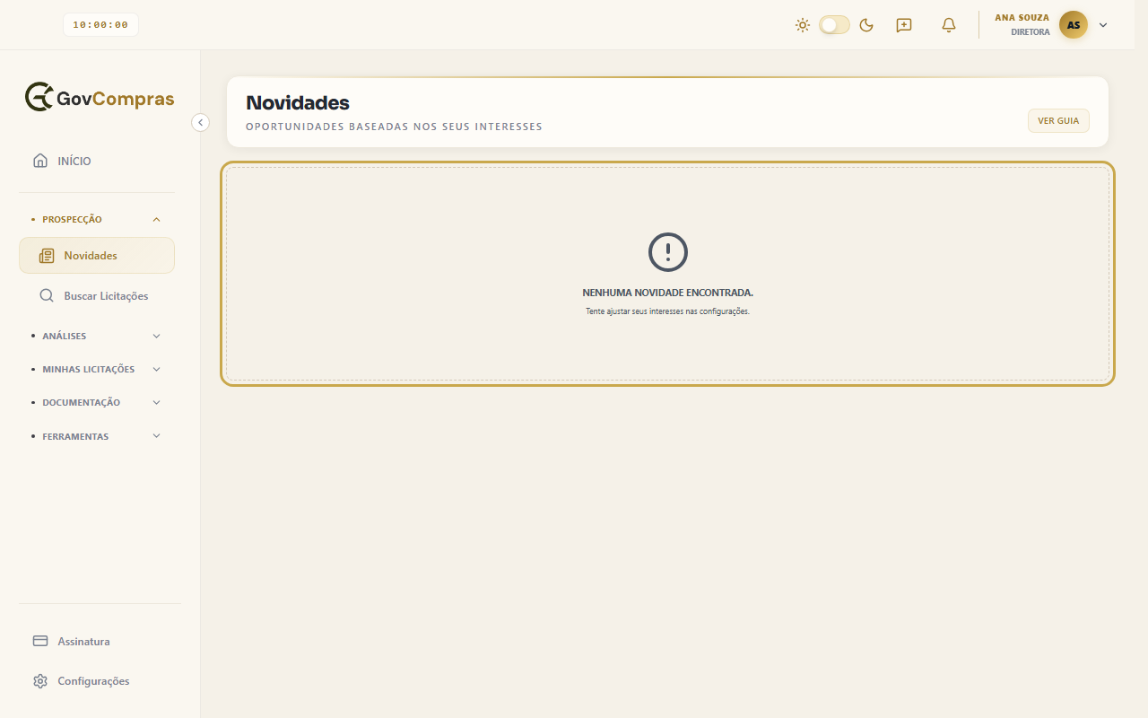 Aba Novidades vazia, com o aviso “Nenhuma novidade encontrada.” e a dica “Tente ajustar seus interesses nas configurações.” no quadro tracejado.
