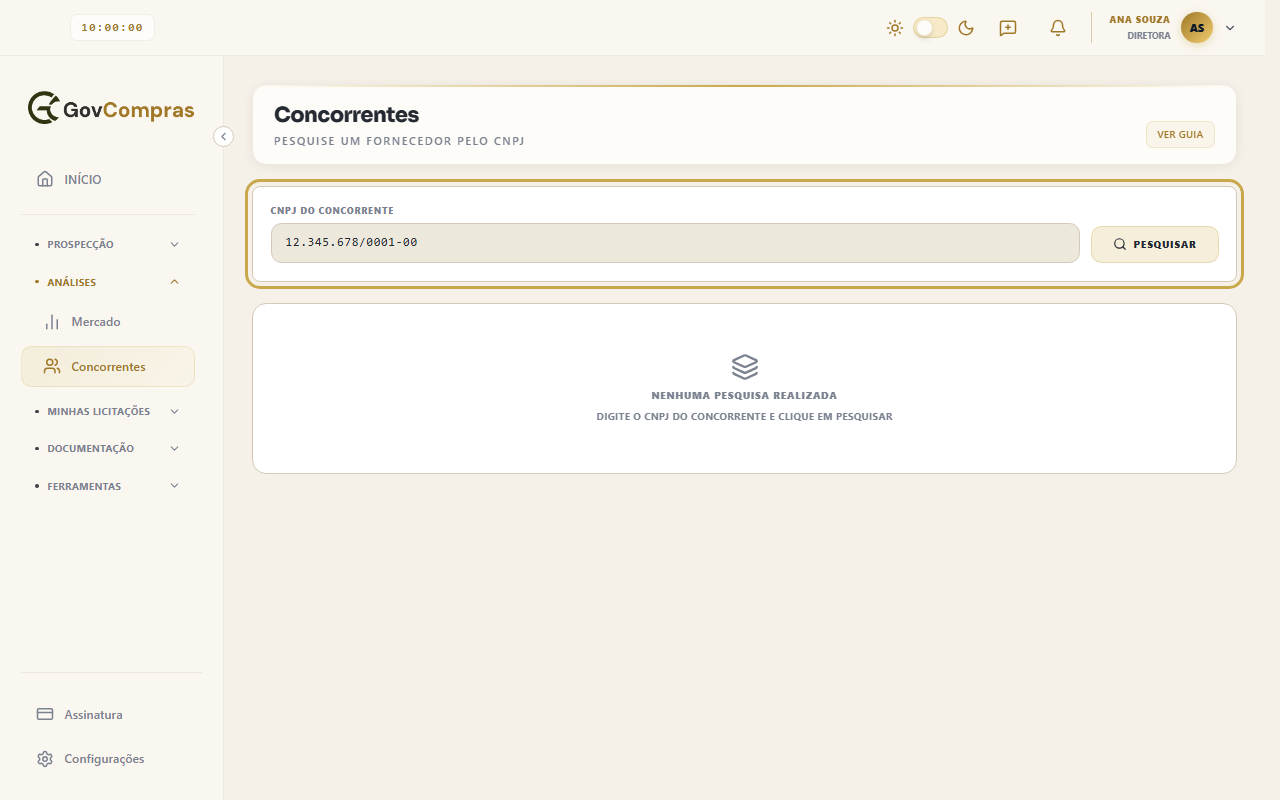 Tela Concorrentes com o campo CNPJ do Concorrente destacado, preenchido com 12.345.678/0001-00, e o botão Pesquisar.
