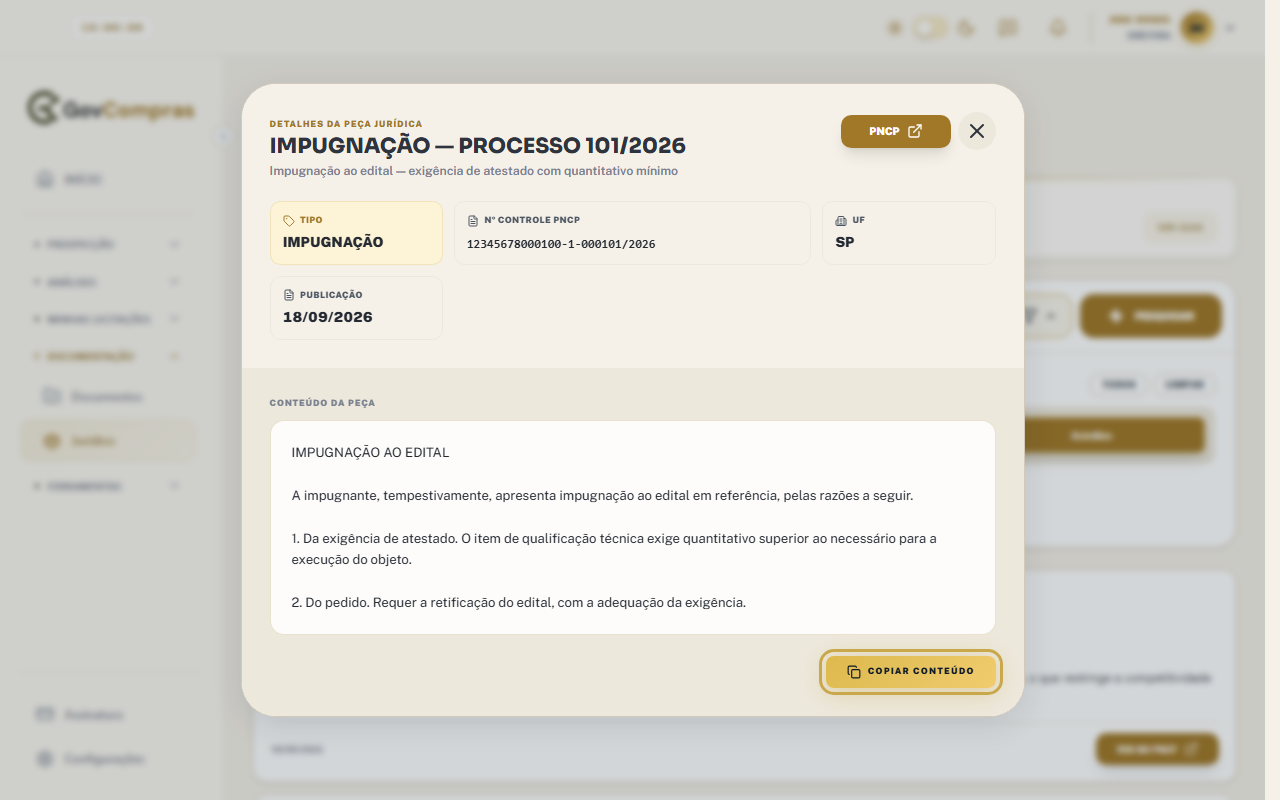 Janela Detalhes da Peça Jurídica com os dados da peça, o conteúdo e o botão Copiar conteúdo destacado.
