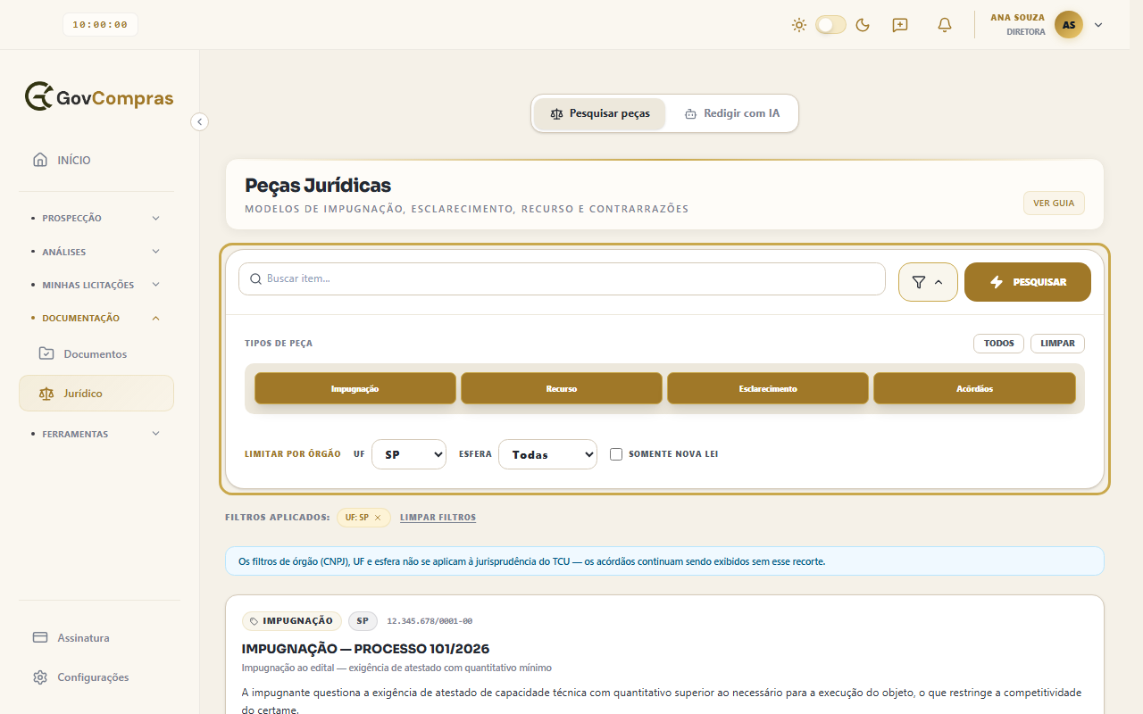 Tela Jurídico no modo Pesquisar peças, com o painel de filtros destacado, o estado SP escolhido e o filtro aplicado “UF: SP” abaixo.