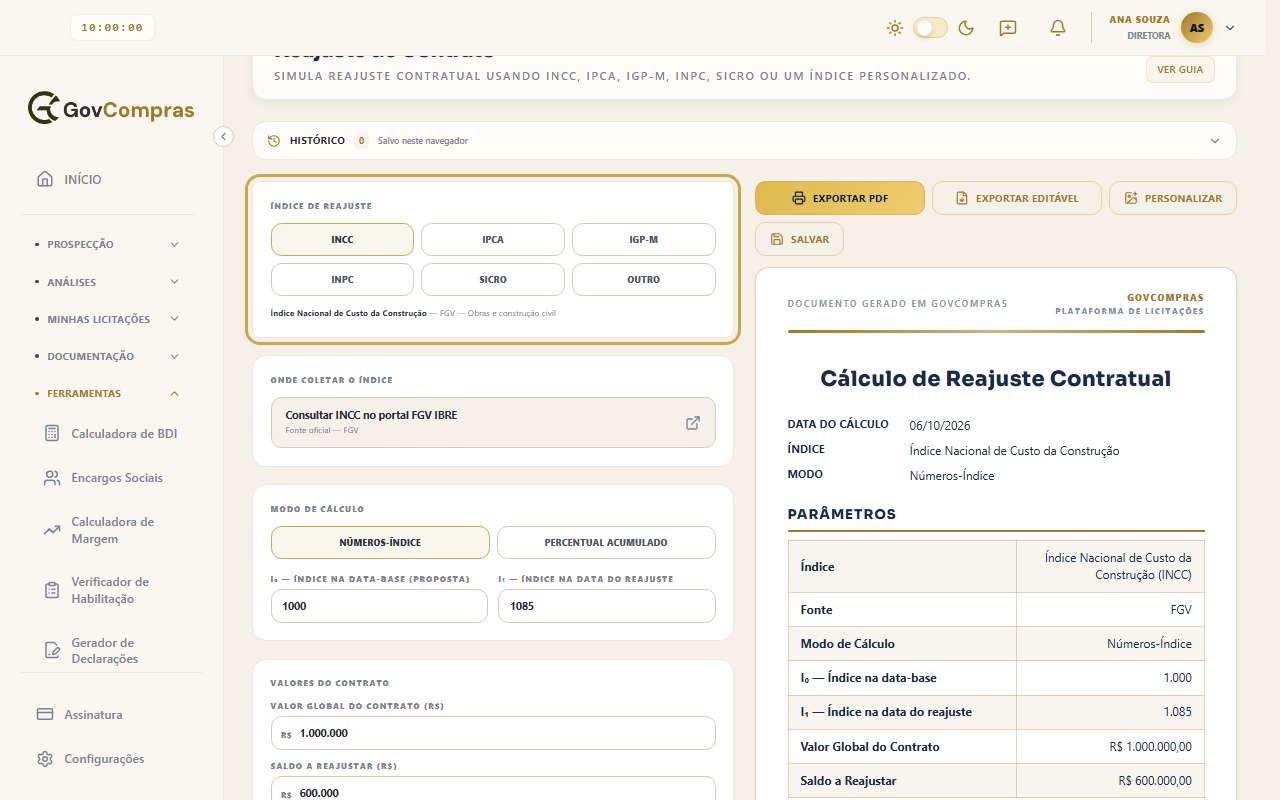 Reajuste de Contrato com o cartão Índice de Reajuste destacado, o INCC escolhido e o modo Números-Índice preenchido.