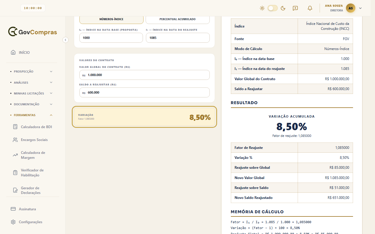 Cartão Variação, destacado, com o percentual e o fator; ao lado, o Resultado e a Memória de Cálculo do documento.
