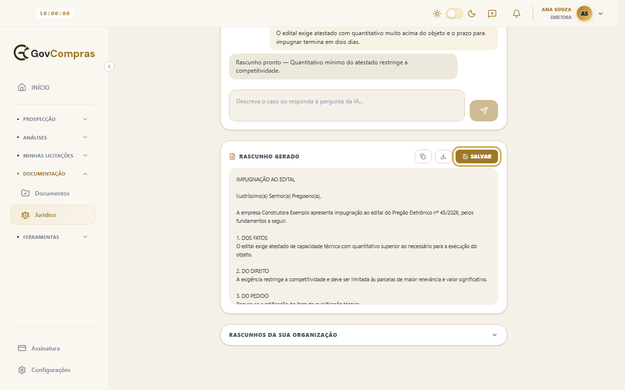 Conversa com a resposta “Rascunho pronto” e o cartão Rascunho gerado, com o botão Salvar destacado.