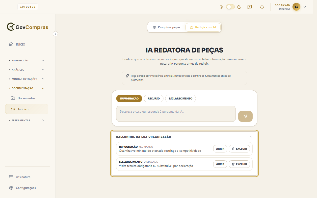 Painel Rascunhos da sua organização aberto, destacado, com dois rascunhos salvos e os botões Abrir e Excluir em cada um.