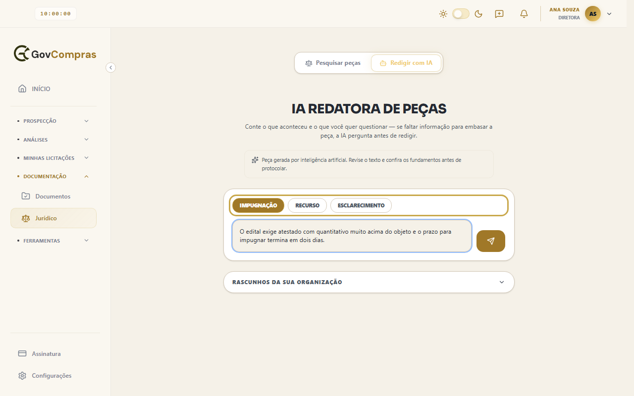 Modo Redigir com IA com os botões de tipo (Impugnação, Recurso, Esclarecimento) destacados e o caso descrito no campo de texto.