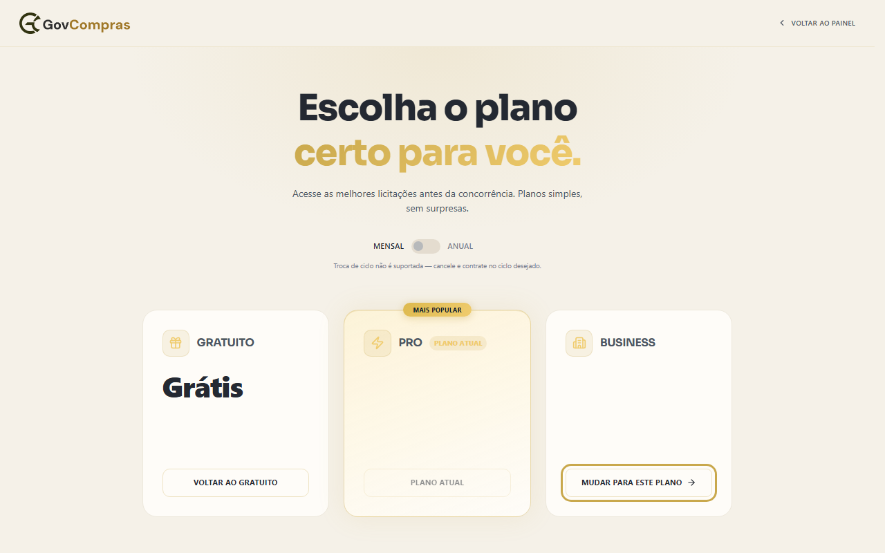 Página de planos com o plano atual marcado e o botão Mudar para este plano destacado. Preços e descontos ficam cobertos nesta imagem.