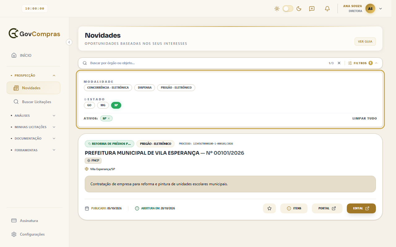 Painel de filtros destacado, com as modalidades e os estados da lista, o estado SP marcado e o chip SP em Ativos.
